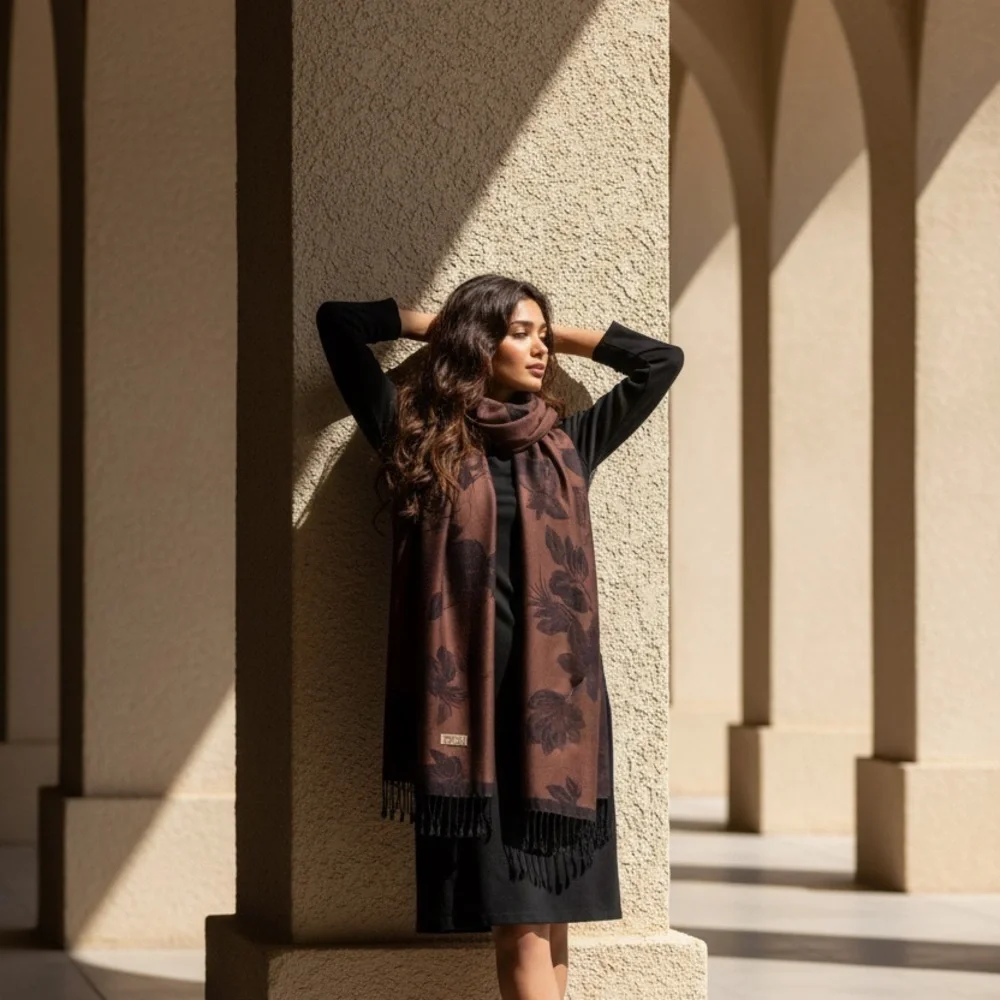 Pashmina Scarf Wrap Brown Black Floral - Picture 5 of 12